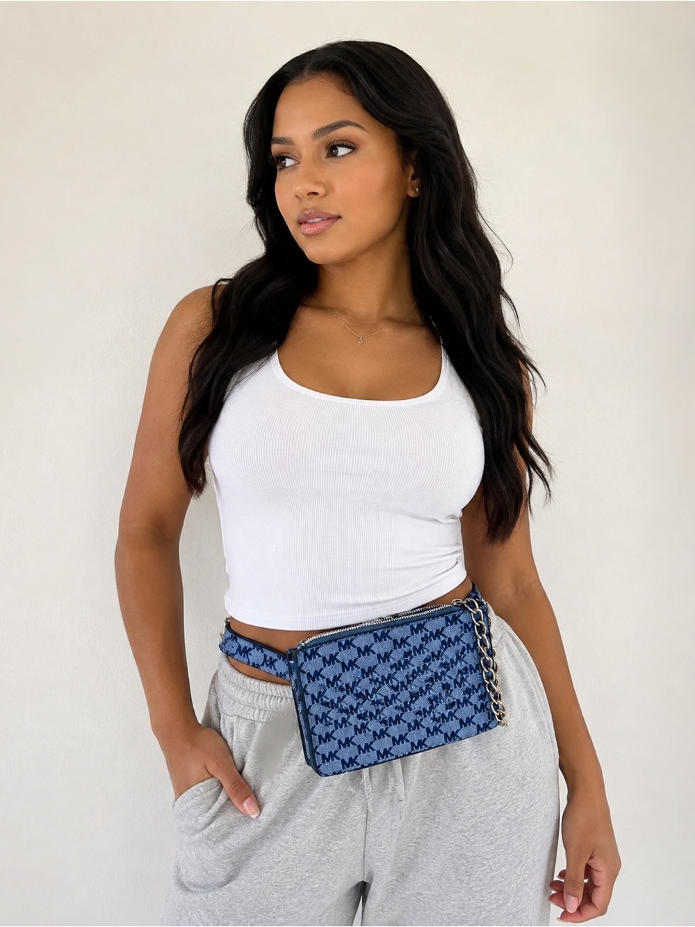 Michael Kors Blue MK Monogram Belt Bag / Waist Bag Crossbody Silver Chain - Picture 3 of 3